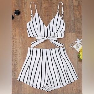 Black and white striped tie two piece set shorts and spaghetti strap flowy